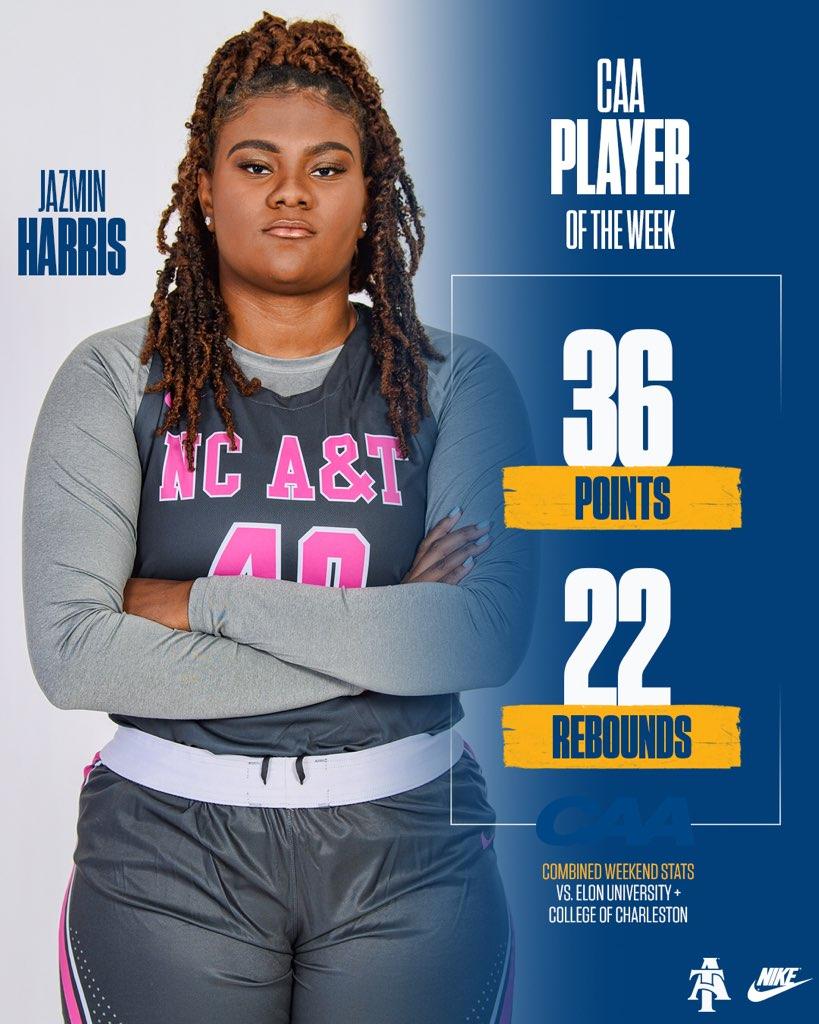 N.C. A&T Athletics (@ncataggies) on Twitter photo Congrats to <a href="/LadyAggieBall/">Lady Aggie Ball</a>'s Jazmin Harris for being named the <a href="/CAASports/">Coastal Athletic Association</a> Player of the Week Monday.
She averaged a double-double with 18.0 points and 11.0 rebounds in two CAA wins last weekend. She also averaged 2.5 blocks and 1.0 assists while shooting 68.2 percent. Congrats to <a href="/LadyAggieBall/">Lady Aggie Ball</a>'s Jazmin Harris for being named the <a href="/CAASports/">Coastal Athletic Association</a> Player of the Week Monday.
She averaged a double-double with 18.0 points and 11.0 rebounds in two CAA wins last weekend. She also averaged 2.5 blocks and 1.0 assists while shooting 68.2 percent.