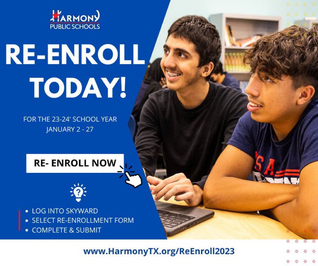 Re-enrollment for the 2023-2024 school year is officially open! 
Save your spot! Re-enroll your student today!

HarmonyTX.org/ReEnroll2023

#reenrollment #harmonypublicschools #HPS #k12 #stemeducation