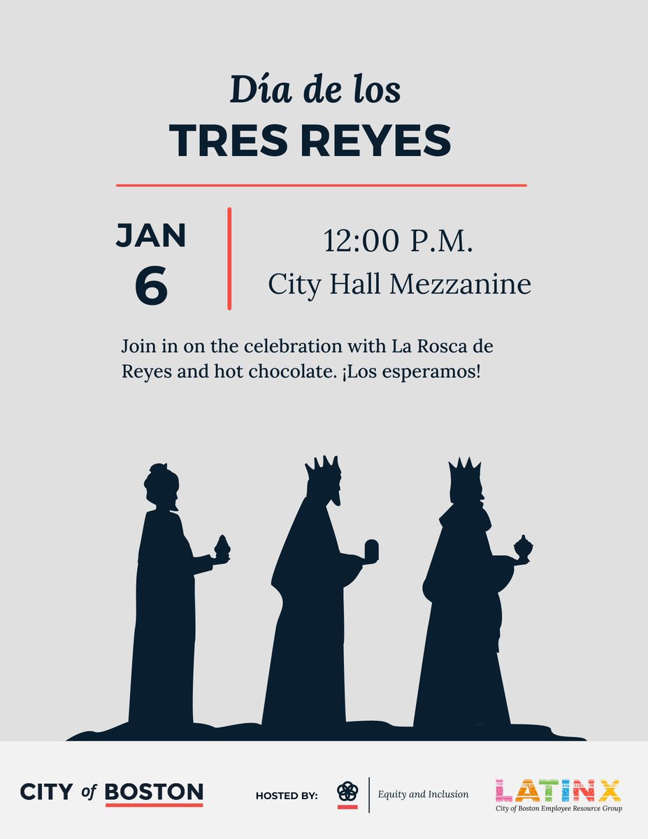 BostonLatinxERG's tweet photo. Join us this Friday at noon in Boston City Hall to celebrate el Día de Los Tres Reyes Magos #threewisemen #diadelostresreyesmagos https://t.co/n7cCf9ESkg