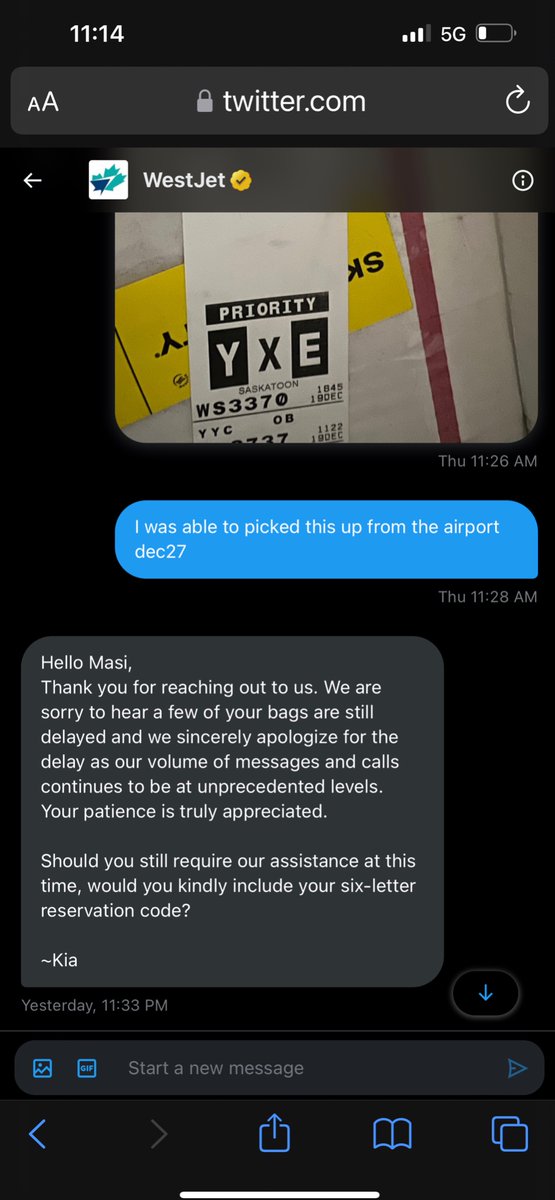 masiling1's tweet photo. @WestJet I’ve DM my ref delayed bag claim number, it has 2 claim no. 12/27 got 1 of my bags after several visits at the airport, sent a pic of the claim tags where my rsvn code is, 4 days ago.
1/1 @WestJet  asking rsvn code again. 12/19-1/2 1 luggage still missing. Flying out tom https://t.co/jUrI0fyN39