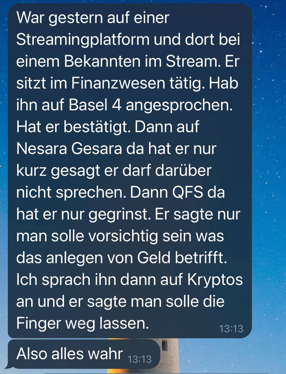 CPQ_17's tweet image. 💥💥💥 Intern: Eine Nachricht mehr, die eine Umstellung des Finanzwesens bestätigt. Egal, was sonst noch erzählt wird, eines ist klar: Es wird ein Umbruch kommen! 💥💥💥
.

#R24 #Basel4 #QFS #Nesara #Gesara #Vorsicht #Kryptos 

🧭 t.me/R24_FinanzKomp…