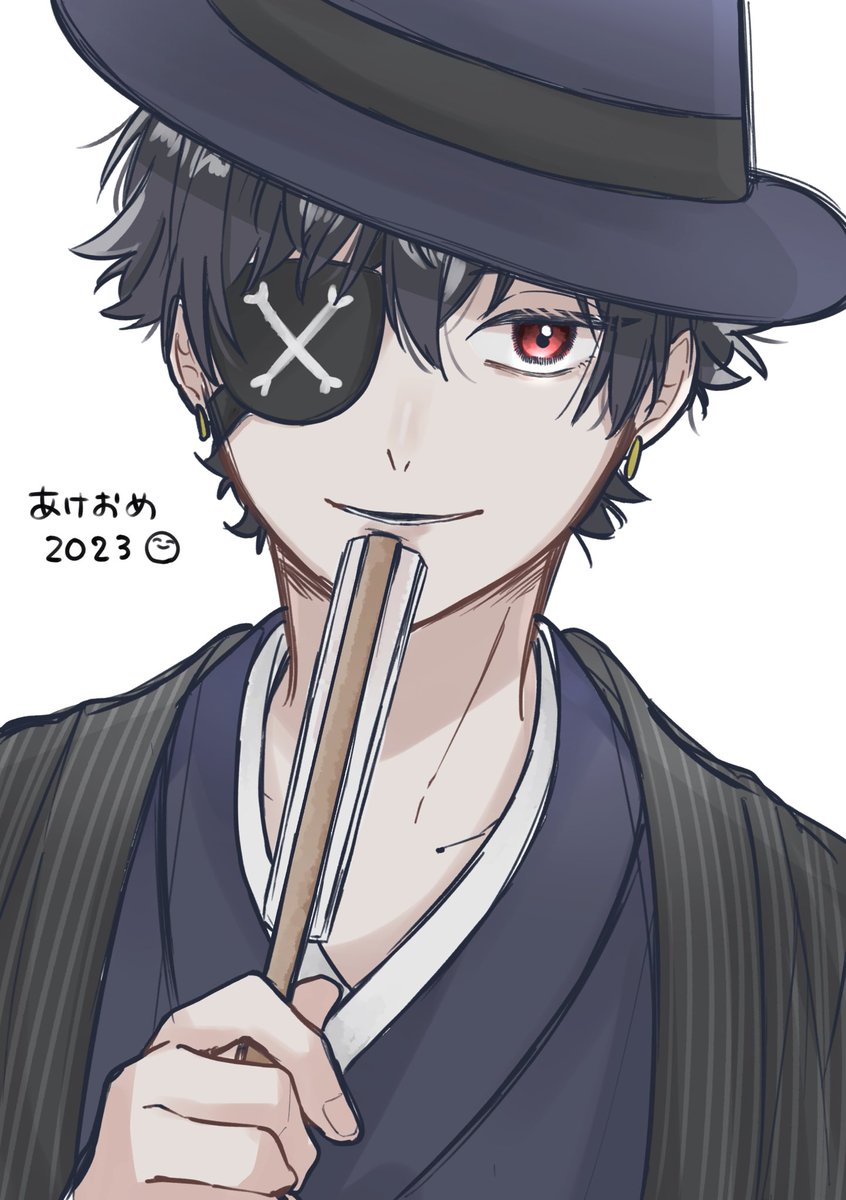 1boy male focus eyepatch hat solo red eyes holding  illustration images