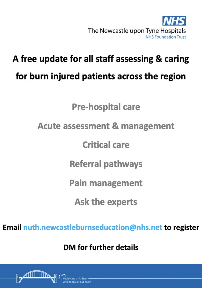 🚨Save the Date! North East Burn Network Study Day 6th March 2023. Free day of lectures for all involved in burn care (medical, nursing, allied health). Email or DM for further details #BeBurnsAware @fionaotburns @LisaSla08671417 @ChrisLPlast @NewcastleHosps