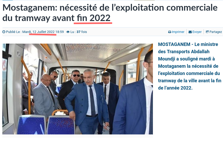 ONAPNT's tweet photo. Ce qu'on vous a promis en 2022:
Le ministre des Transports Abdallah Moundji :"Mostaganem: nécessité de l’exploitation commerciale du tramway avant fin 2022"
#Promesse_non_tenue https://t.co/EyomMLd8Wa