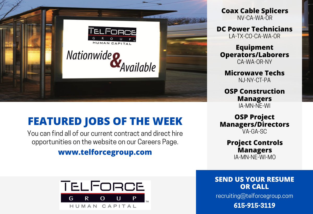 TelForceGroup's tweet photo. TelForce Group is Hiring Nationwide!

View Openings: https://t.co/oroTJSTH0z

#telecommunications #telecomjobs #staffing #jobs #careers #nationwide #telecommunication #telecom #telecoms #outsideplant #constructionmanagement #splicers #projectmanagers #telforcegroup https://t.co/GSLbMleoTf