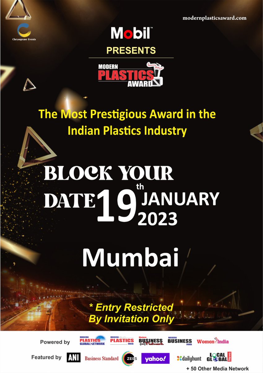 ModernPlasticsI's tweet photo. Block Your Date 19th January 2023,
The Most Prestigious Award in the Indian Plastics Industry.
For more clarification and sponsorship opportunities please call us on +919820481278

Sponsorship Opportunities: https://t.co/31RQqAqCgo https://t.co/iT4Q6EfcxA