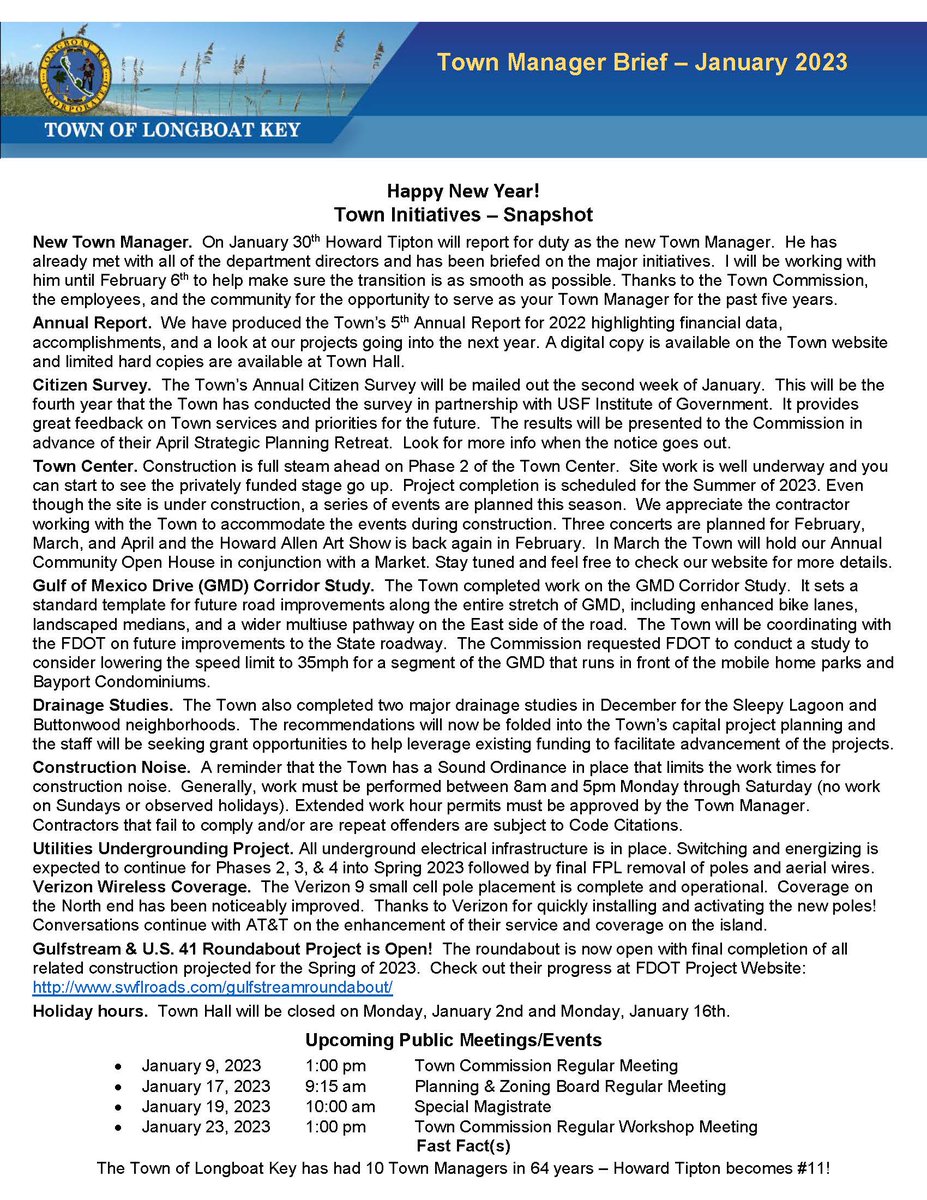 TownofLBK's tweet photo. Happy New Year #LongboatKey.  The Town Manager Brief for January 2023 is now available.  Read about all of the happenings, projects and news in and around Town.  Click the following link🔗 to view brief📄: https://t.co/mvyb1b6UCr https://t.co/ofwJGz8YAk