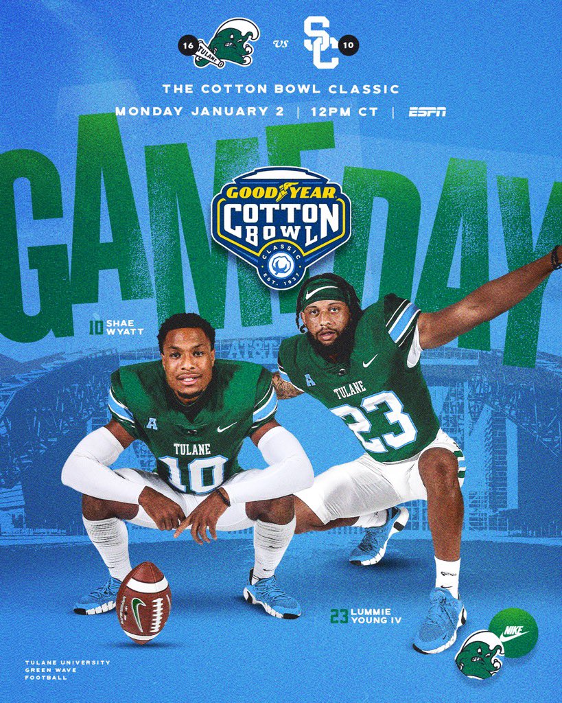 It’s Cotton Bowl Game Day! 

🆚: USC
⏰: 12:00 PM
📍: AT&amp;T Stadium
📺: <a href="/espn/">ESPN</a>
📻: 104.1 FM &amp; <a href="/TulaneAthletics/">Tulane Green Wave</a> App

#BowlWave | #NOLABuilt | #1and0