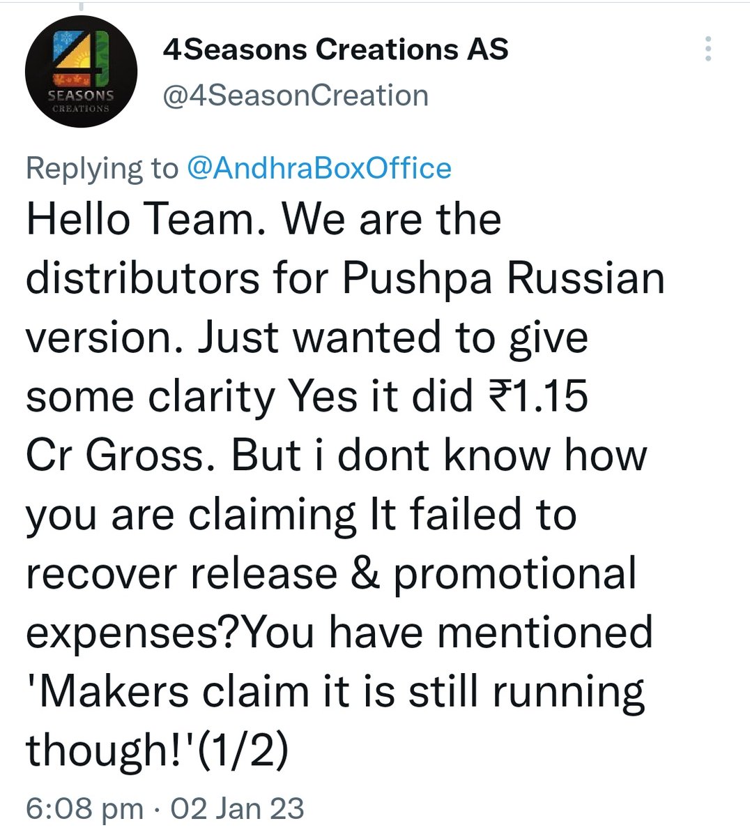 ArjunVcOnline's tweet photo. Can Understand ur eagerness to portrait #PushpaInRussia is a failure but why didn't u do in a convenient way??
U didn't even check the running status which is publically available & concluding it as a failure
Please quote the promotional exp there.
#AlluArjun #PushpaTheRise https://t.co/L8ZLC2fyaP
