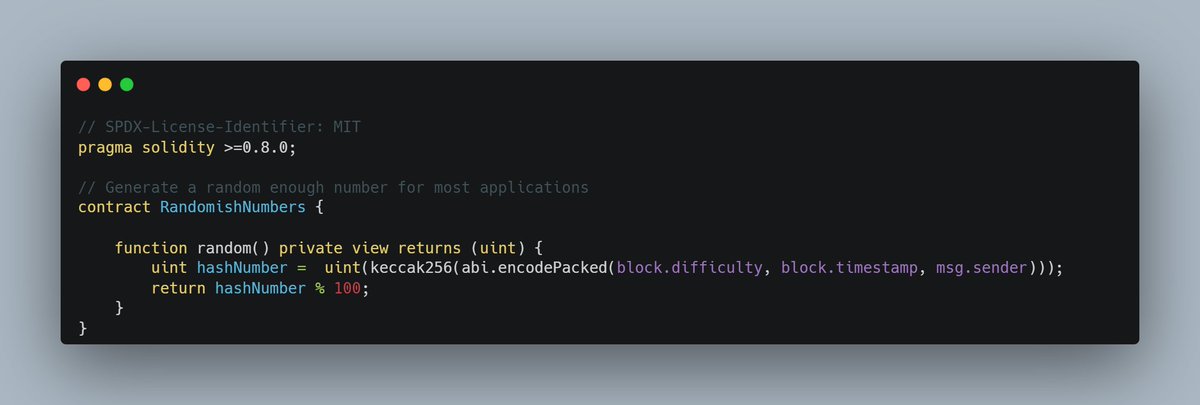 james_bachini's tweet image. On-chain randomness is hard to execute perfectly but here is a simple example which is suitable for many use cases #Solidity #Snippets