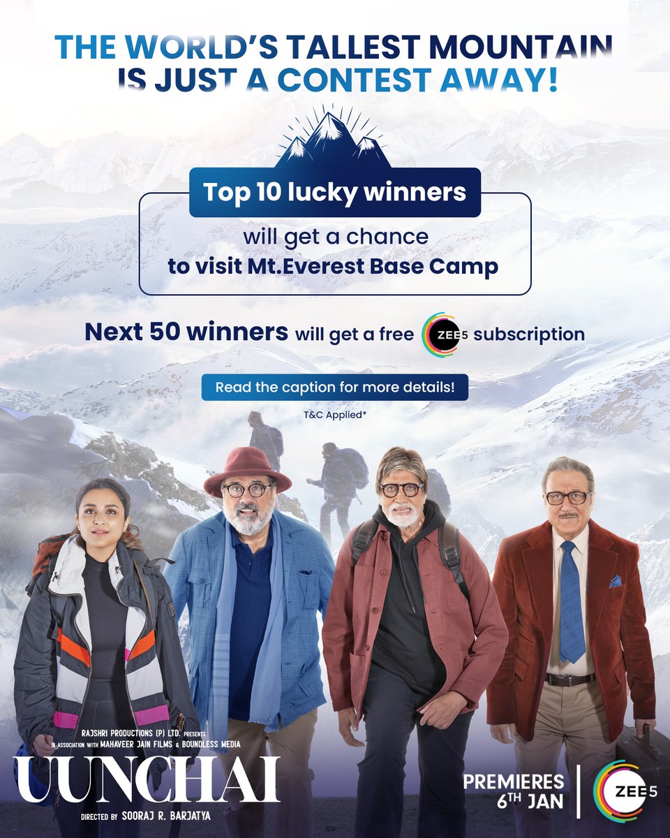 ZEE5India's tweet image. Ever wanted to experience the #Uunchai of the MAGNIFICENT Mt.Everest? Then here’s your chance to tick off that bucket list item, all you have to do is:
- Follow ZEE5 Instagram page
- Tag 3 friends on the Instagram post