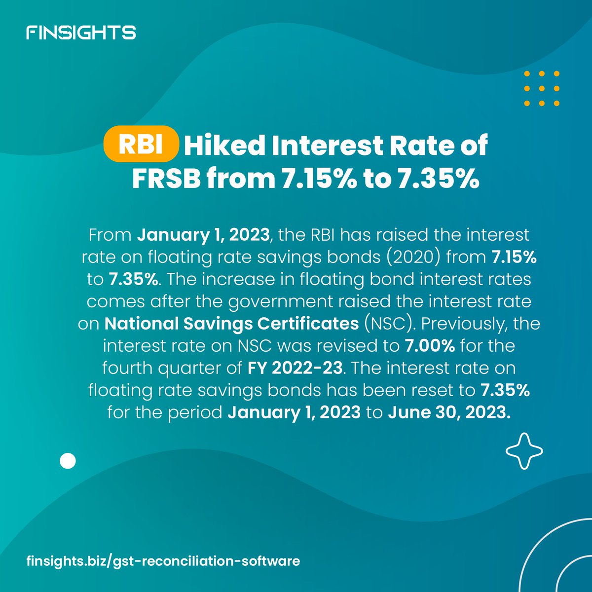 FinsightsApp's tweet image. The @RBI increased the interest rate on floating rate savings bonds (issued in 2020) from 7.15% to 7.35% as of January 1, 2023.

 #ITC #incometaxes #gstr2b #GST #updates #gstupdates #gst #incometax #Update #finsights #taxpayers #incometaxindia #reconciliation #RBI