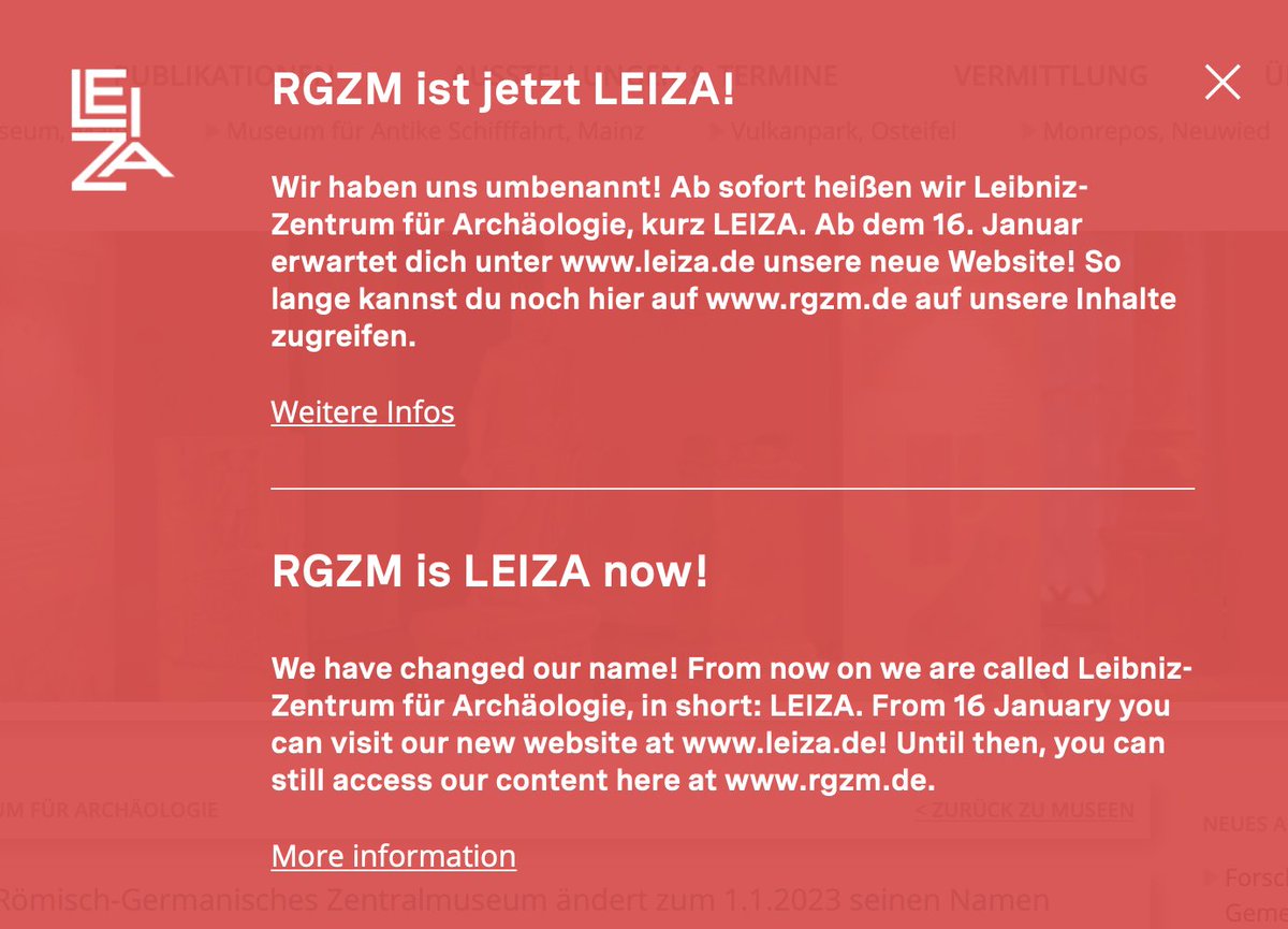 Aus #RGZM wird #LEIZA, Leibniz-Zentrum für #Archäologie.

Neues Jahr, neuer Name, neuer Hauptsitz. Und ab 16.01. mit leiza.de auch neue Online-Adresse für das archäologische Forschungsmuseum in Mainz:  

web.rgzm.de/museen/details…