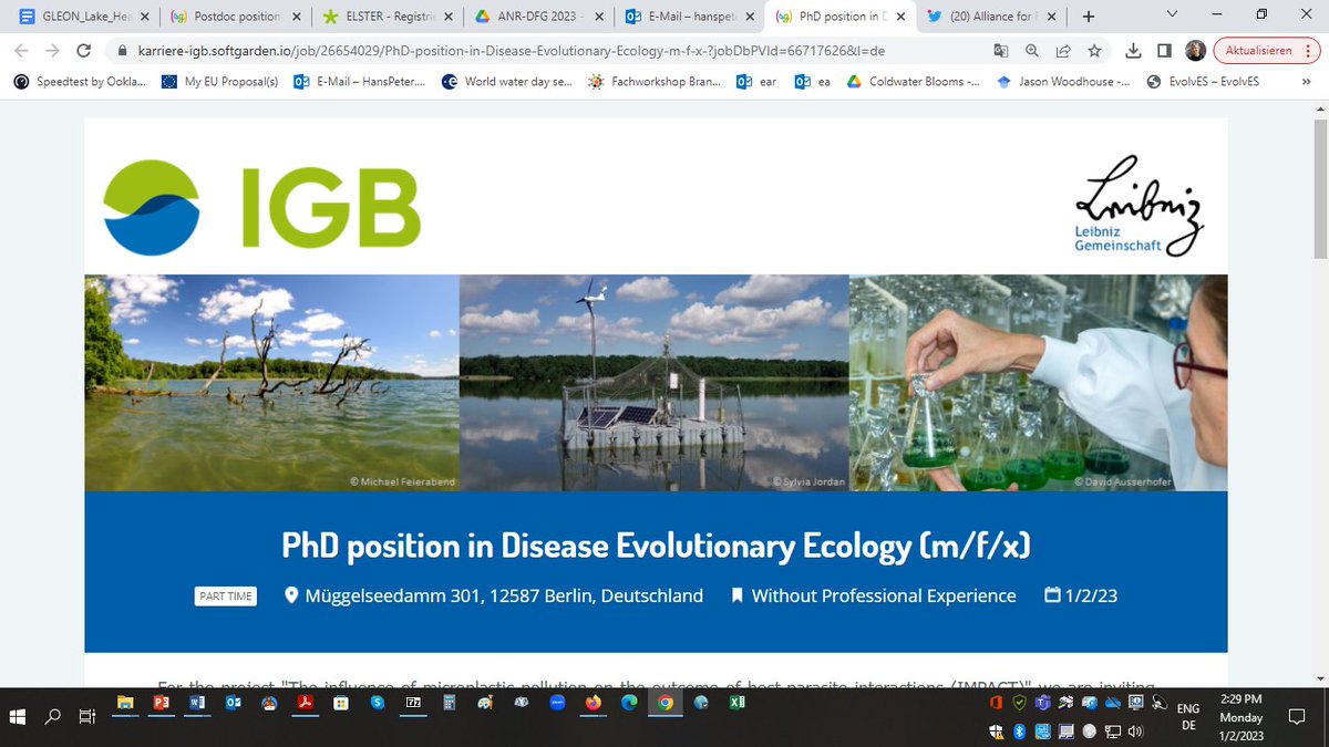 We have a open PhD position in Disease Evolutionary Ecology in the frame of the IGB project IMPACT.
Please see: The PhD position is now online:
karriere-igb.softgarden.io/job/26654029/P…