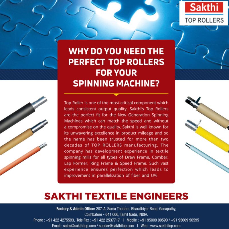 TextileValue's tweet photo. SAKTHI the name has been trusted in textile spinning mills for its product like TOP ROLLERS for all types of Draw frame, Comber, Lap former and Ring frame & Speed frame.
#sakthitoprollers #textileengineer #sakthitextileengineers #spinningmachine #textile #textileindustry https://t.co/tZtD9qUcME