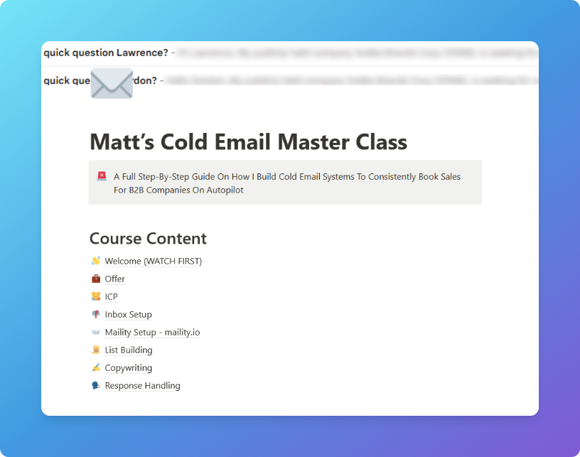 I spent $13,596 learning cold email so you don't have to.

I recorded 1 hour and 14 minutes showing you my EXACT cold email system that was booking 4 meetings per day for a client.

And it's yours for free.

Like &amp; RT and I'll DM it to you

Must be following

Feat. @mailityapp