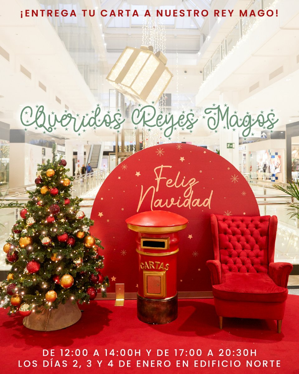 🥰 ¡Ya vienen los Reyes Magos, caminito de MG! 👑 ¡El momento perfecto para entregar tu carta ha llegado! 💌 Nuestro Rey Mago os espera en Planta 1 del Edificio Norte:

🗓️ Lunes 2, Martes 3 y Miércoles 4 de Enero.
⌚ De 12:00 a 14:00h y de 17:00 a 20:30h.