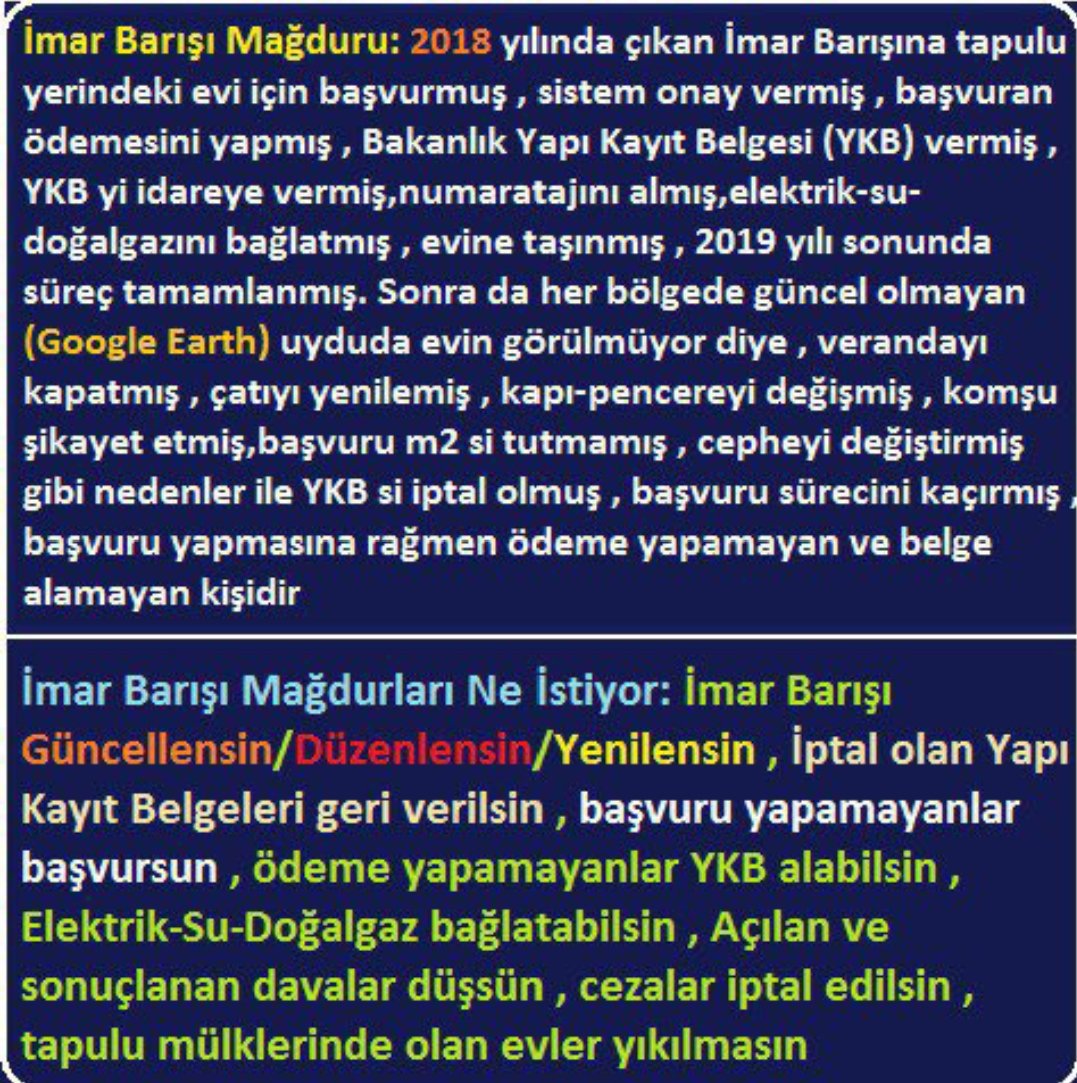 <a href="/DrCetinArik/">Çetin ARIK</a> <a href="/Davutgulec38/">Davut Güleç</a> #KocaBirSözYalanOldu
1- Sayın vekilim bizler 2018 ' de ilan edilen #İmarBarışında kurumlara başvuru yapmış  başvurular kabul edildikten sonra yine kurumlara başvuru sahiplerine çıkarılan  ücretleride ödeyerek #YapıKayıtBelgesi alarak evlerinde mutlu mesut oturmaya başlamış ,,,,