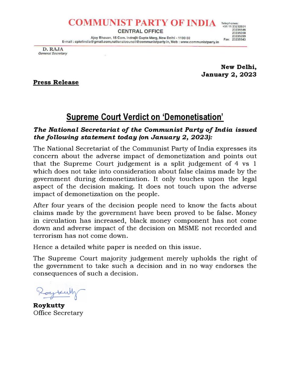 Supreme Court has decided merely on the legality of demonetisation and not whether it was a correct decision. A decision conforming to four walls of law does not make it moral or pro-people. People suffered, that’s the truth. We seek accountability for that! @ComradeDRaja