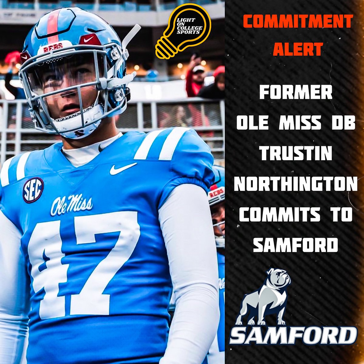 LightOnSports's tweet photo. Former Ole Miss DB Trustin Northington Has #Committed To Samford Via Social Media. 🐾

#AllForSamford @trustin75 @SamfordFootball https://t.co/R1ErgzXC4V