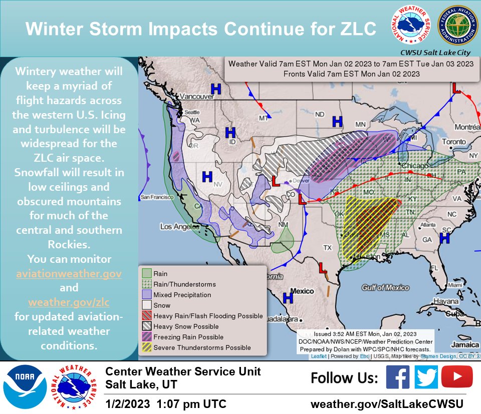 NWSCWSUZLC's tweet photo. #Pilots should ensure a thorough #weather briefing before #flying anywhere in the ZLC air space today. #Winter storm impacts continue. #AIRMETs for #icing, #turbulence, low #ceilings, low #visibility and mountains #obscured remain in effect. https://t.co/ciggCxJ0Ey