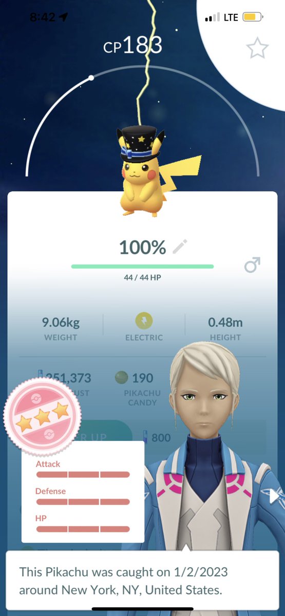 0Kelement's tweet photo. @MYSTIC7 Yo mystic right when i came back to Pokémon go after a week I got a hundo event pikachu https://t.co/CmatvdHcdp