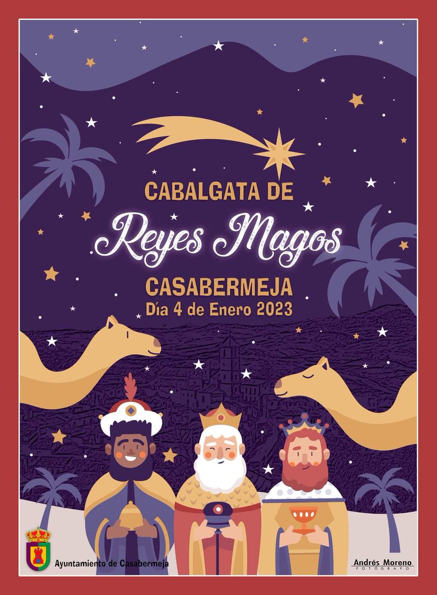 👑#Cabalgata #ReyesMagos #Casabermeja
🗓️Miércoles 4 enero 
📍16.30h Pabellón de Deportes, Fuente de Abajo, Puerto de la Horca, Llanete de Abajo, Real, Morato, La Pita, Pzla del Sol, El Calvario, El Sol, San Francisco, Reidero, El Mesón, Llana, y Fuente de Abajo hasta el pabellón.
