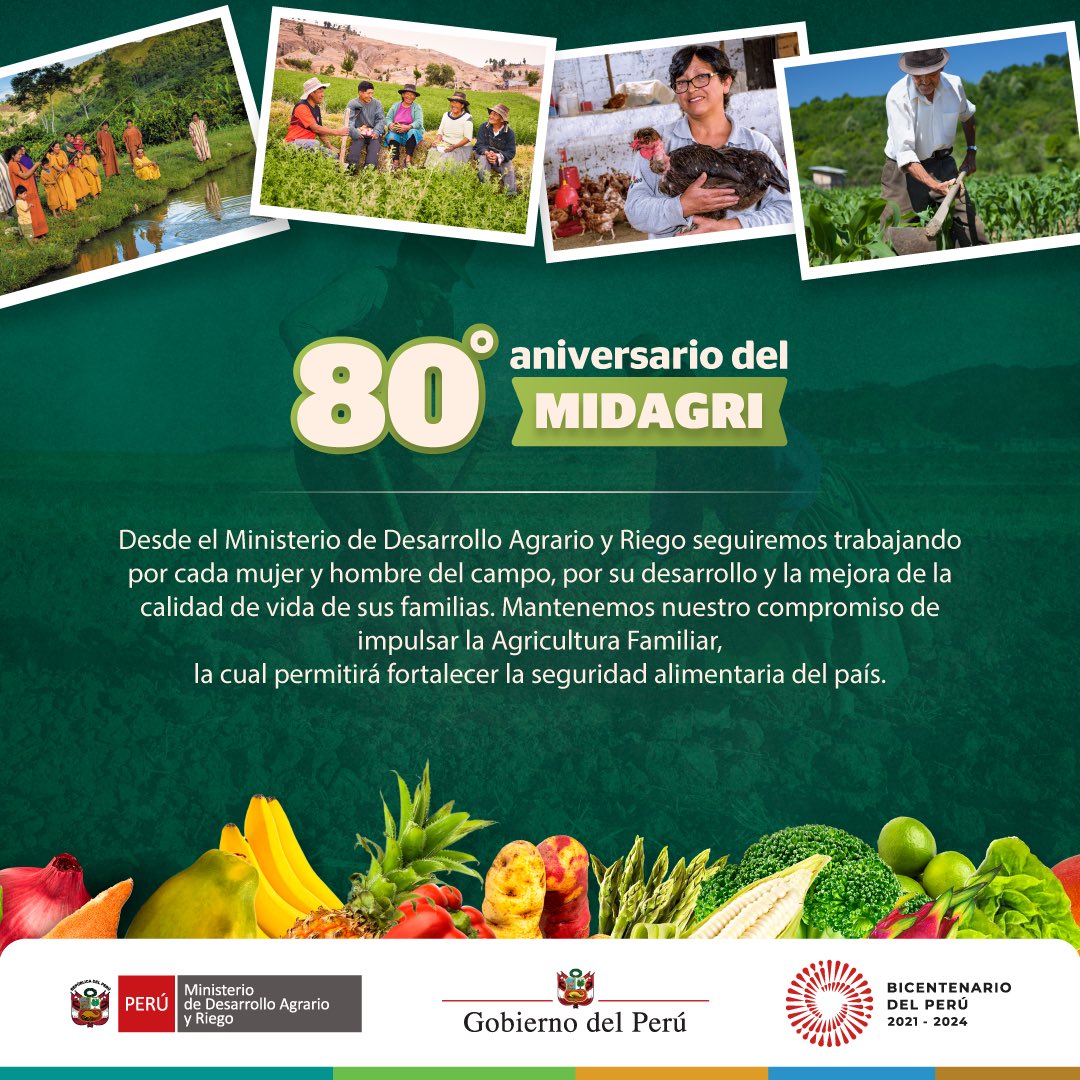 midagriperu's tweet image. Hoy, 2 de enero, el Ministerio de Desarrollo Agrario y Riego cumple 80 años de vida institucional. Por eso, renovamos nuestro compromiso de trabajar por la #AgriculturaFamiliar y brindar a las mujeres y hombres del campo las herramientas que necesitan para impulsar su desarrollo.