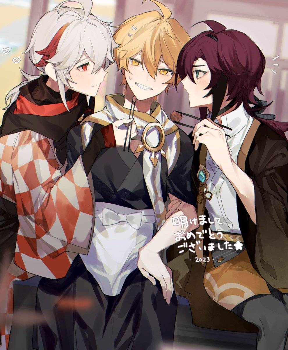 aether (genshin impact) ,kaedehara kazuha male focus multiple boys red hair blonde hair japanese clothes scarf 3boys  illustration images