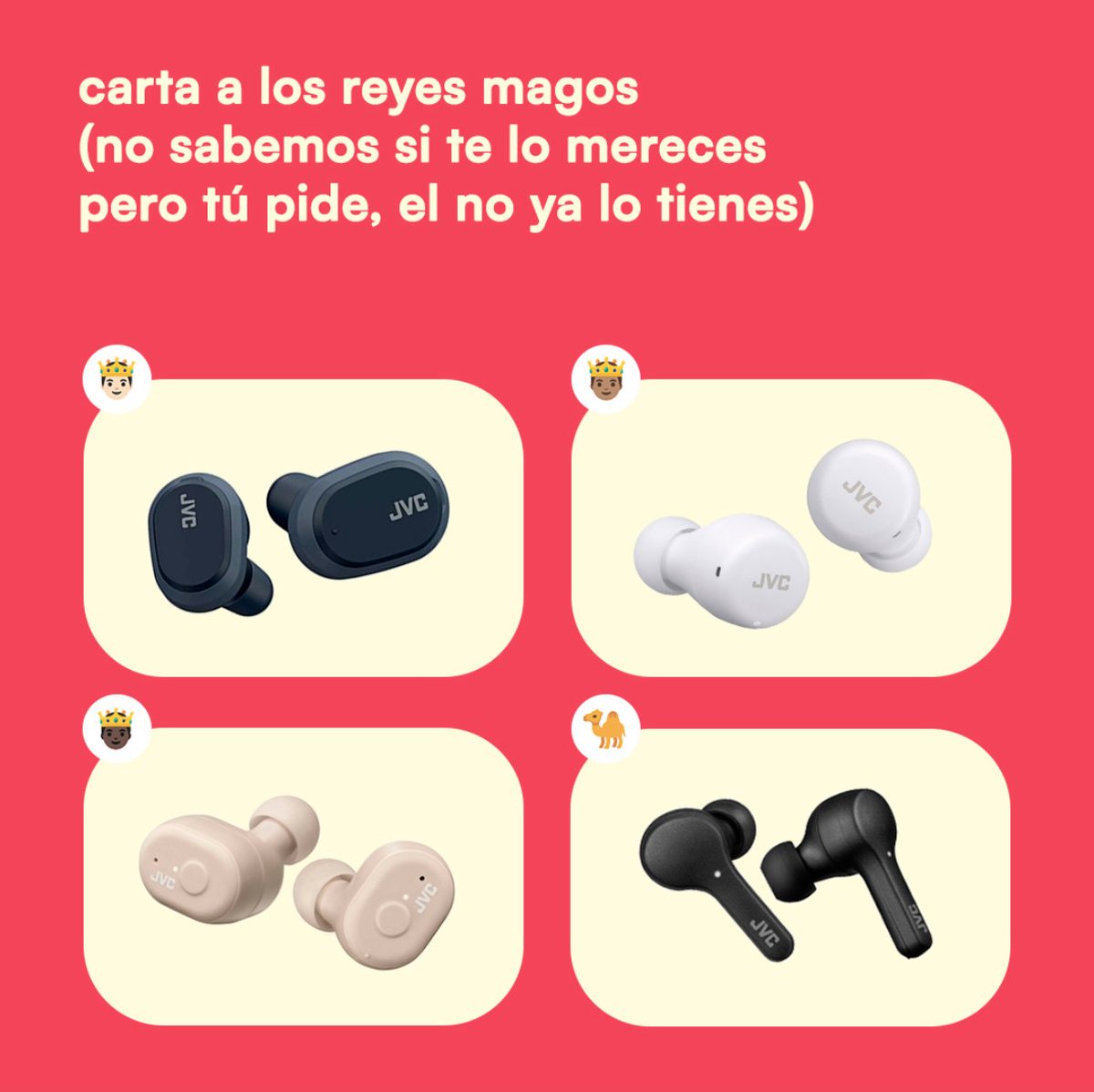 JVCSpain's tweet image. Queridos Reyes magos, como nos hemos portado de lujo este año, te pedimos:
🤴🏻HA-A50T 
🤴🏽HA-A5T
🤴🏿HA-A11T
🐪 HA-A7T