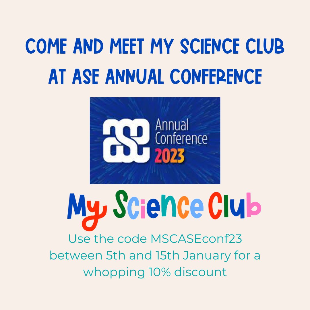 To celebrate the first in person #ASEConf2023 in 3 years, we're giving a whopping 10% discount on My Science Club between 5th &amp; 15th Jan 2023

Use the code MSCASEConf23 to get started! 

Our blog has links to all our sessions myscienceclub.com/were-going-to-…

<a href="/priscigeeks/">Primary Science Geeks</a> <a href="/Glazgow/">Paul Tyler 🔬🔭📡</a>