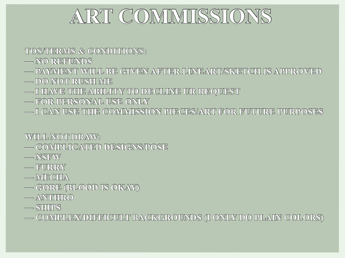 ‼️FULLY UPDATED COMM SHEET‼️

READ ATTACHED IMAGES FIRST!

(DM OR REPLY TO COMMISSION ME)

2 slots available!

#artcommission #artcommissions #robuxcommission #robuxcommissions #robloxcommission #RobloxCommissions #arttwt #artmoots #ArtistOnTwitter #royalehigh #RHTC #RTC