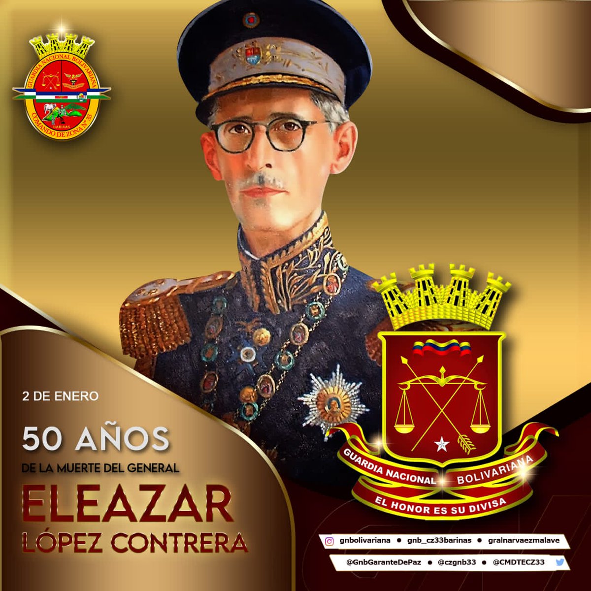 UNIDAD GAES 11 ZULIA (@zuliagaesconas) on Twitter photo 🗓 Hoy #2Ene Hace 50 años falleció Eleazar López Contreras, militar y político venezolano, quien fue Presidente de la República Bolivariana de Venezuela entre 1936 y 1941 y fundador de nuestra gloriosa Guardia Nacional Bolivariana💂♂️🇻🇪
🔹️#2023RenaceLaEsperanza
<a href="/PrensaFANB/">mindefensa_ve</a> 🗓 Hoy #2Ene Hace 50 años falleció Eleazar López Contreras, militar y político venezolano, quien fue Presidente de la República Bolivariana de Venezuela entre 1936 y 1941 y fundador de nuestra gloriosa Guardia Nacional Bolivariana💂♂️🇻🇪
🔹️#2023RenaceLaEsperanza
<a href="/PrensaFANB/">mindefensa_ve</a>