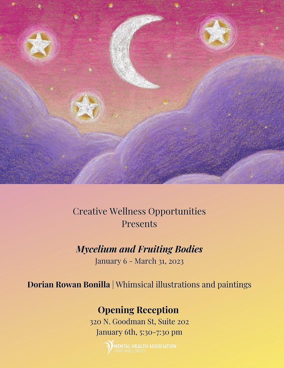 mharochester's tweet photo. Creative Wellness Opportunities &amp; the MHA of Rochester presents Mycelium and Fruiting Bodies. Whimsical illustrations and paintings by Dorian Rowan Bonilla. Free and open to the public. Light refreshments. All are welcome. Opening Thursday, January 6th. https://t.co/ZR1haAsdWy