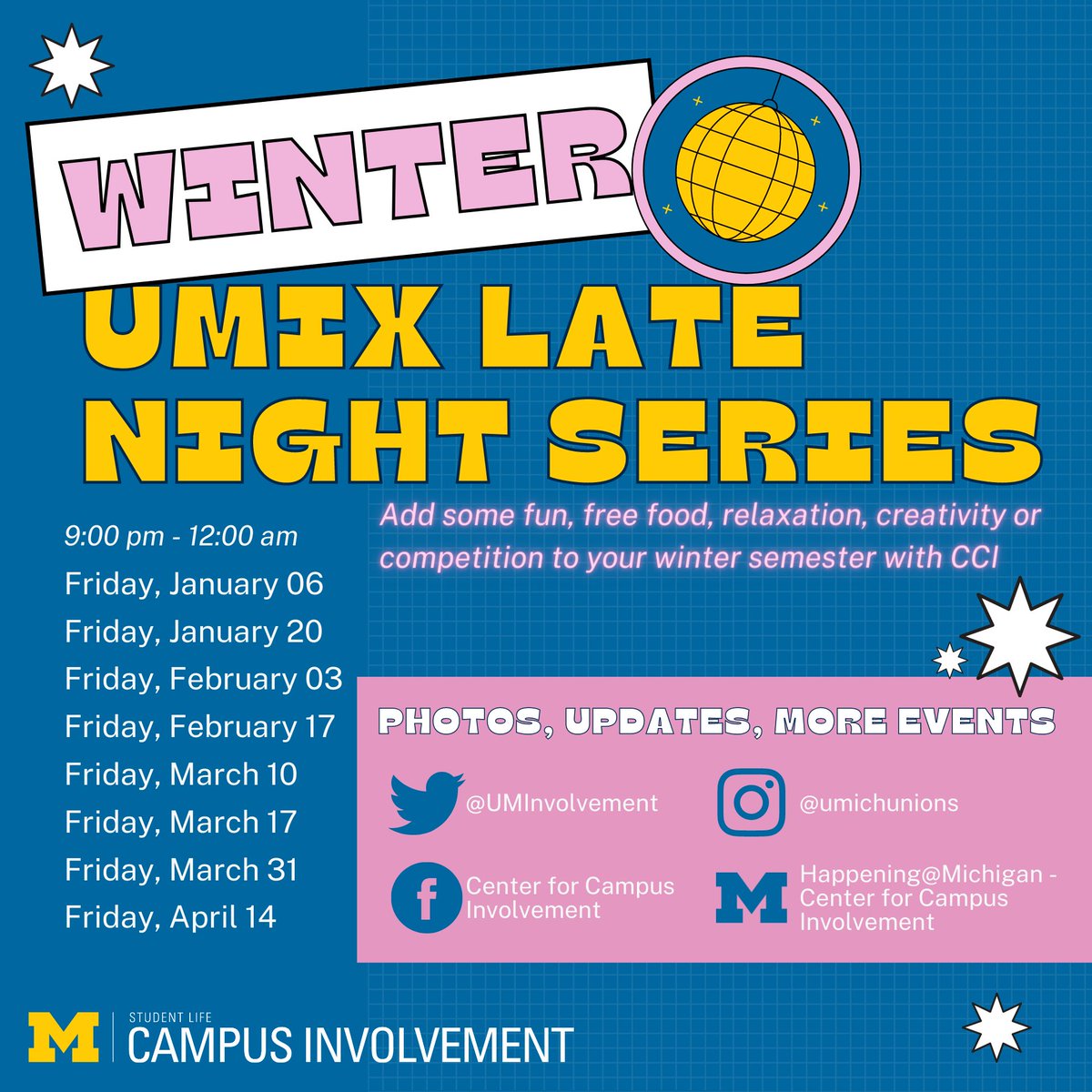 UMInvolvement's tweet photo. New year, new UMix lineup! Mark your calendars for eight exciting Friday nights with CCI - we cannot wait to see you there. https://t.co/e7hqCKZTzu