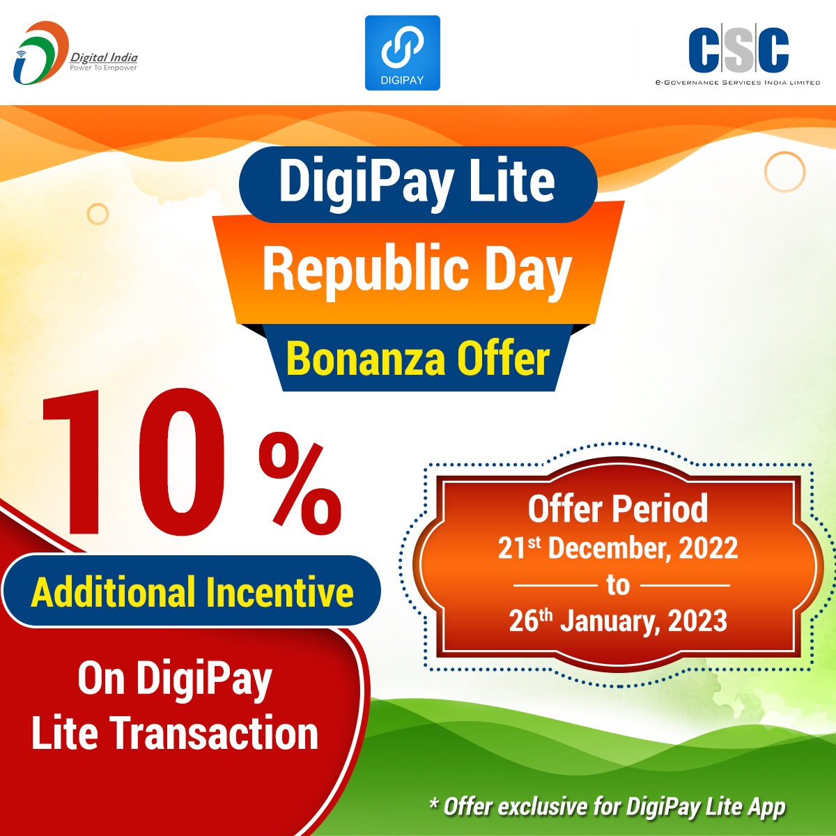 CscParivar's tweet photo. DigiPay Lite Republic Day Bonanza Offer...
10% Additional Incentive on #DigiPay Lite Transaction...
Offer valid till 26th January 2023...
#CSC #DigitalIndia #RuralEmpowerment #DigiPayBonanzaOffer #DigiPayOffer https://t.co/BdoMR7Ge2P