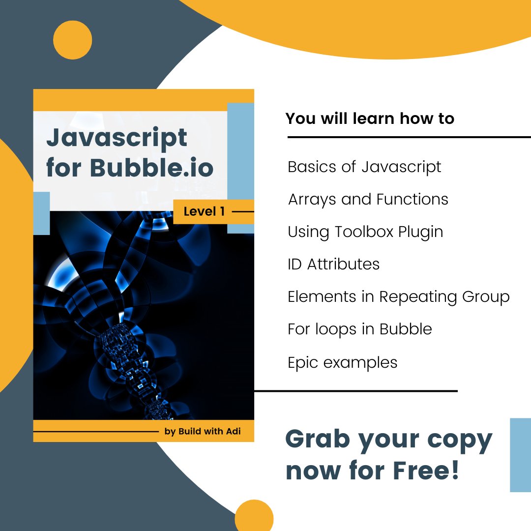 buildwithadi's tweet image. 🚨It's finally here!
🔥Javascript to Bubble (Level 1) - Add this superpower to your @bubble skills
⚔️10+ Videos, Theory, and Upcoming Exercise lessons!
🎁Grab your Free Copy now🎁
- Follow @theadityapati
- Retweet this
- I'll DM you the copy