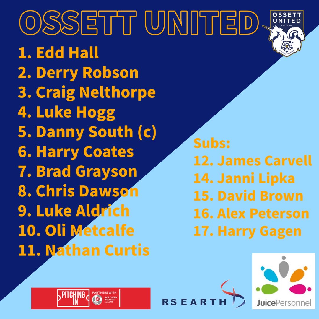 Here’s your Ossett United team to face <a href="/PonteCollsFC/">Ponte Colls FC</a> this afternoon, and a warm welcome to our sponsors <a href="/Juice_Personnel/">Juice Personnel</a> 
#PitchingIn <a href="/NorthernPremLge/">The Pitching In Northern Premier League</a>