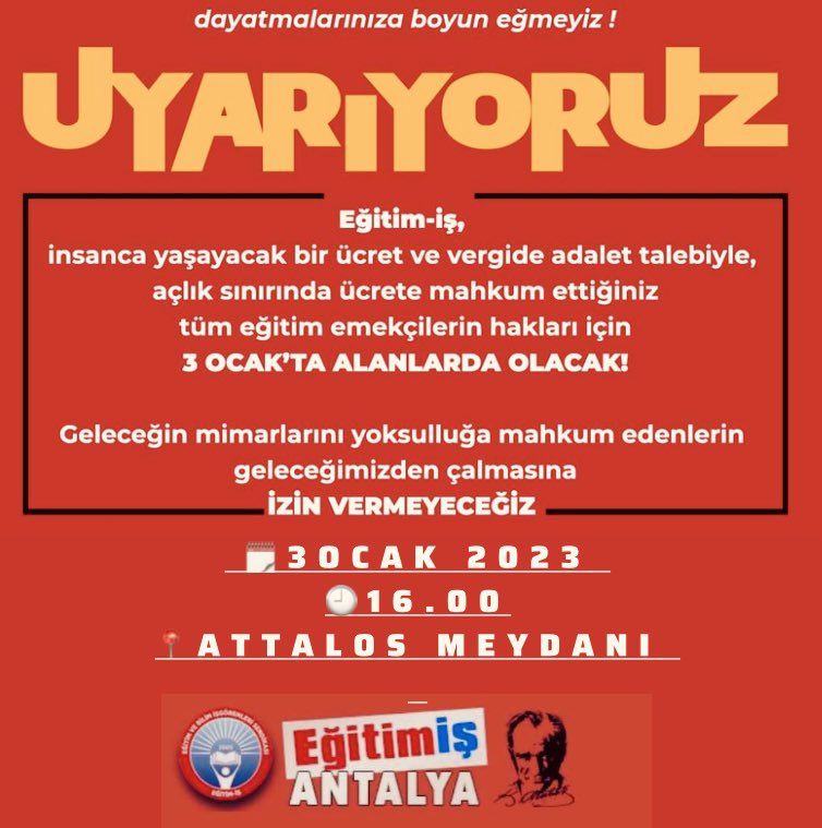 Açlık sınırında yaşamaya mahkum edilen tüm eğitim emekçilerinin haklarını savunmak için alanlardayız.
Sen yoksan bir eksiğiz!
Yaşasın Eğitim İş!
Yaşasın Birleşik Kamu-İş! #MemuraYuezde100ZamSart