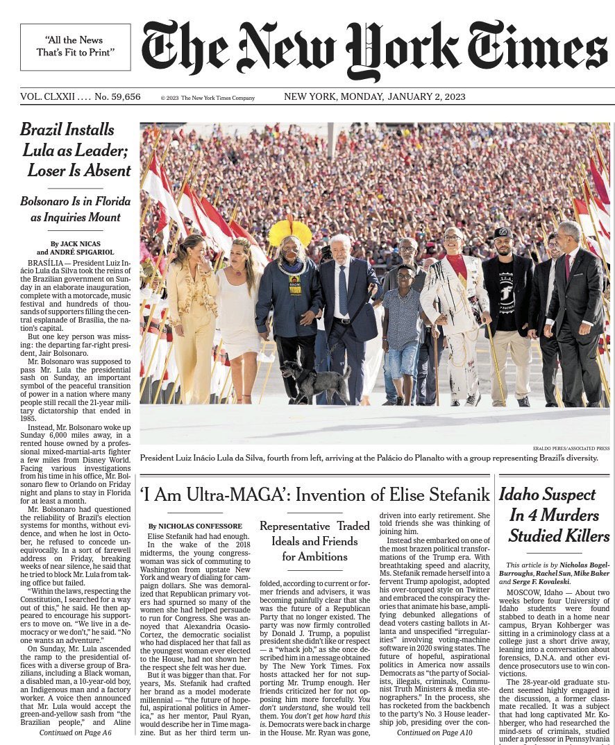 Hugo Gloss on X: Aclamado internacionalmente… A posse de @LulaOficial ,  que aconteceu no domingo (1°), é a capa do New York Times desta segunda  (2). O jornal exibiu a simbólica subida