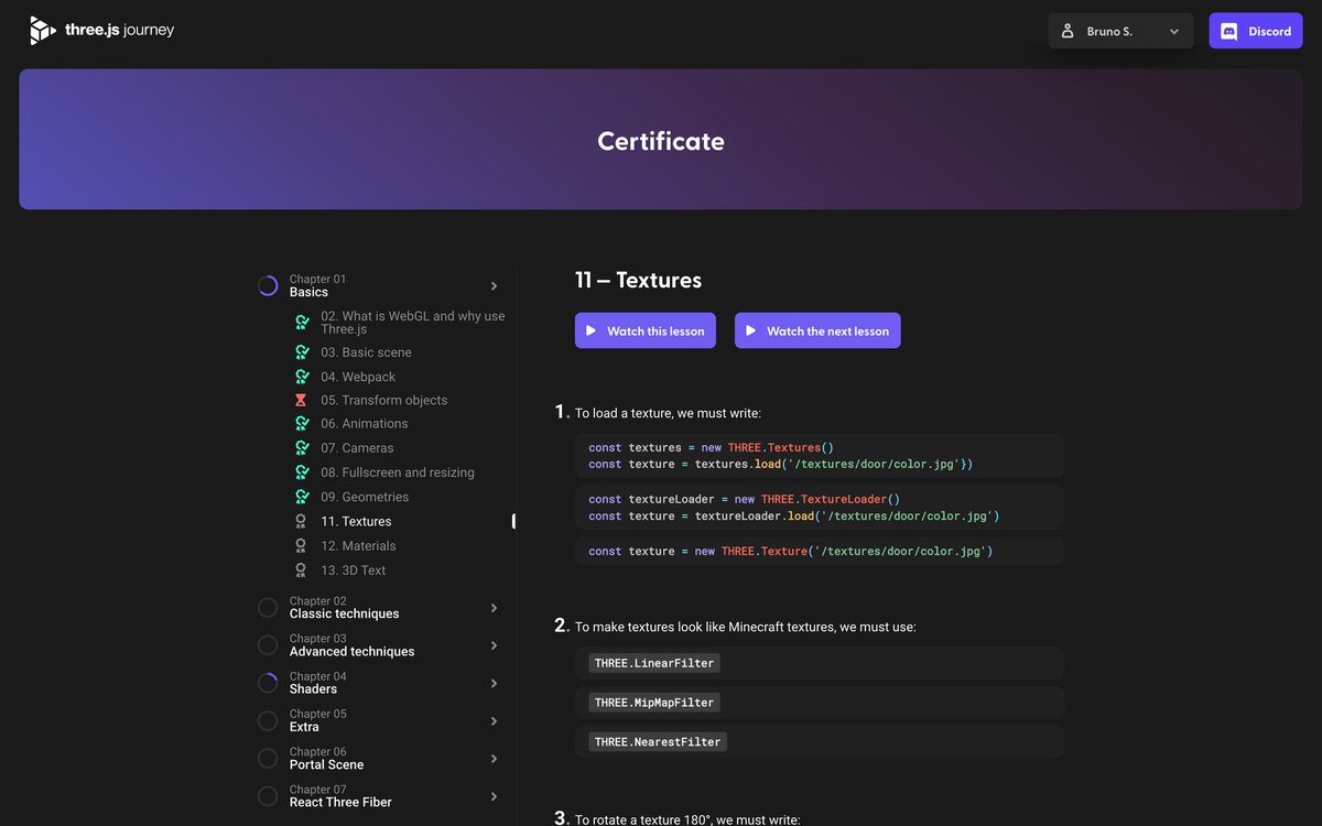 bruno_simon's tweet photo. Certificates are live on Three.js Journey!
Answer a bunch of questions in order to get yours🏅

Certificates are public and printable 🌍🖨️
👉 https://t.co/3jXVMrXEPT

If you think you are up to the task, go to your account page (you must be a student)
👉 https://t.co/4emUw5AmOA https://t.co/lvUSTMDDDz