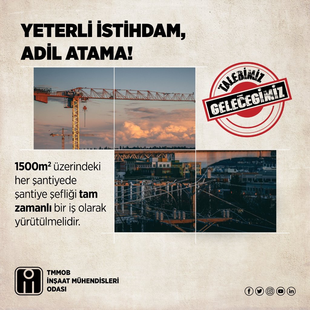 ❗1500 metrekare üzerindeki her şantiyede şantiye şefliği tam zamanlı bir iş olarak yürütülmelidir.
📣 YETERLİ İSTİHDAM ADİL ATAMA! #MühendisinTalebi