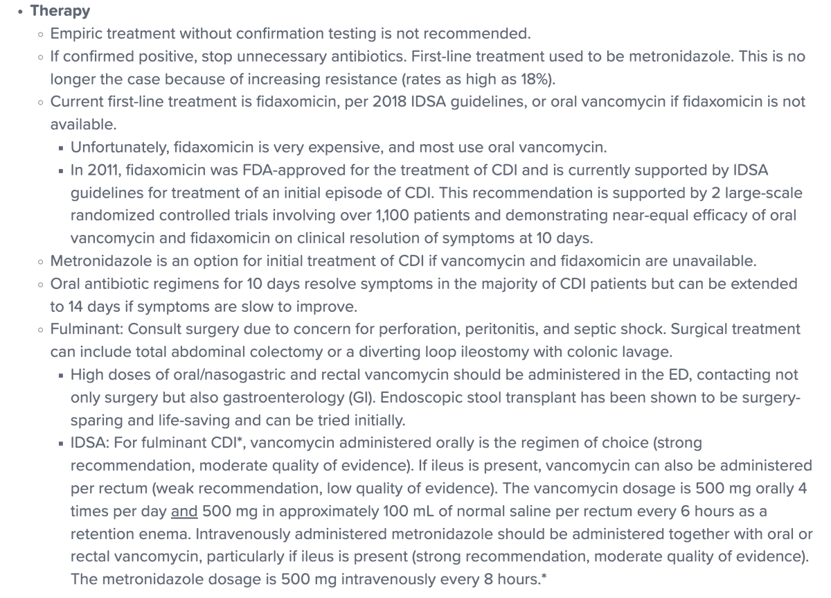 EMSwami's tweet image. Kick off the new year w/ some #EMRAP #FOAMed bit.ly/3Gx1Off

This month, @long_brit dives deep into C.Diff focusing on diagnosis + management
🧪Empiric tx discouraged
💊Fidaxomicin 1st line (oral vanco backup)
☠️Clinda + FQs highest risk