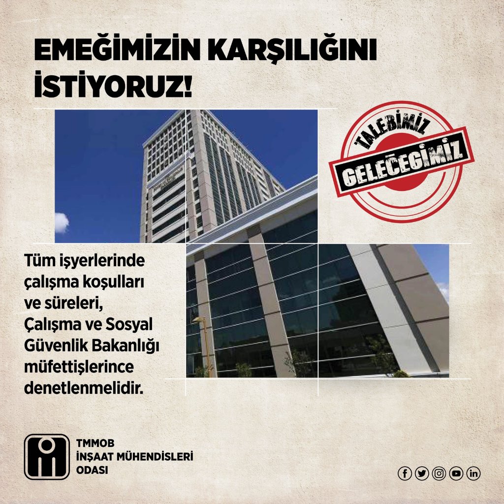 ❗Tüm işyerlerinde çalışma koşulları ve süreleri, Çalışma ve Sosyal Güvenlik Bakanlığı müfettişlerince denetlenmelidir.
📣 Emeğimizin Karşılığını İstiyoruz! #MühendisinTalebi