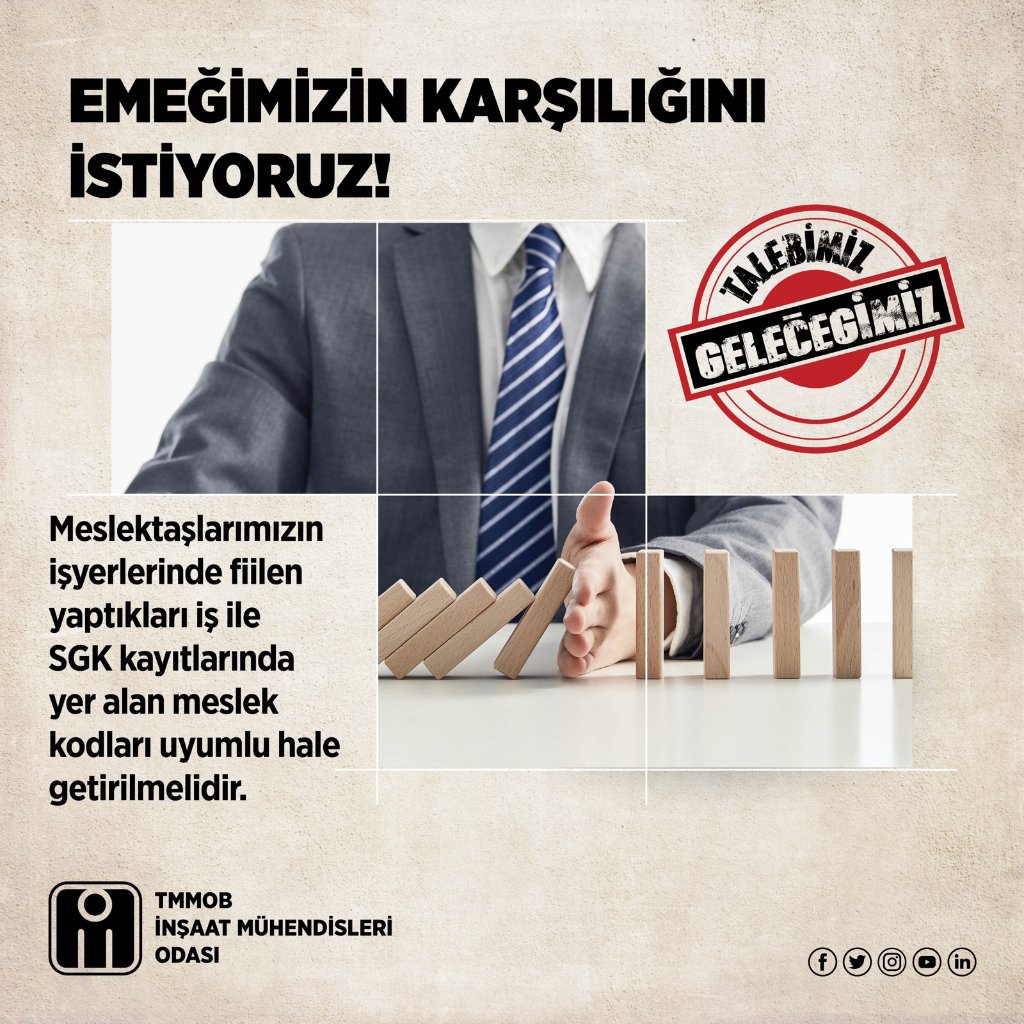❗Meslektaşlarımızın işyerlerinde fiilen yaptıkları iş ile SGK kayıtlarında yer alan meslek kodları uyumlu hale getirilmelidir.
📣 Emeğimizin Karşılığını İstiyoruz! #MühendisinTalebi
