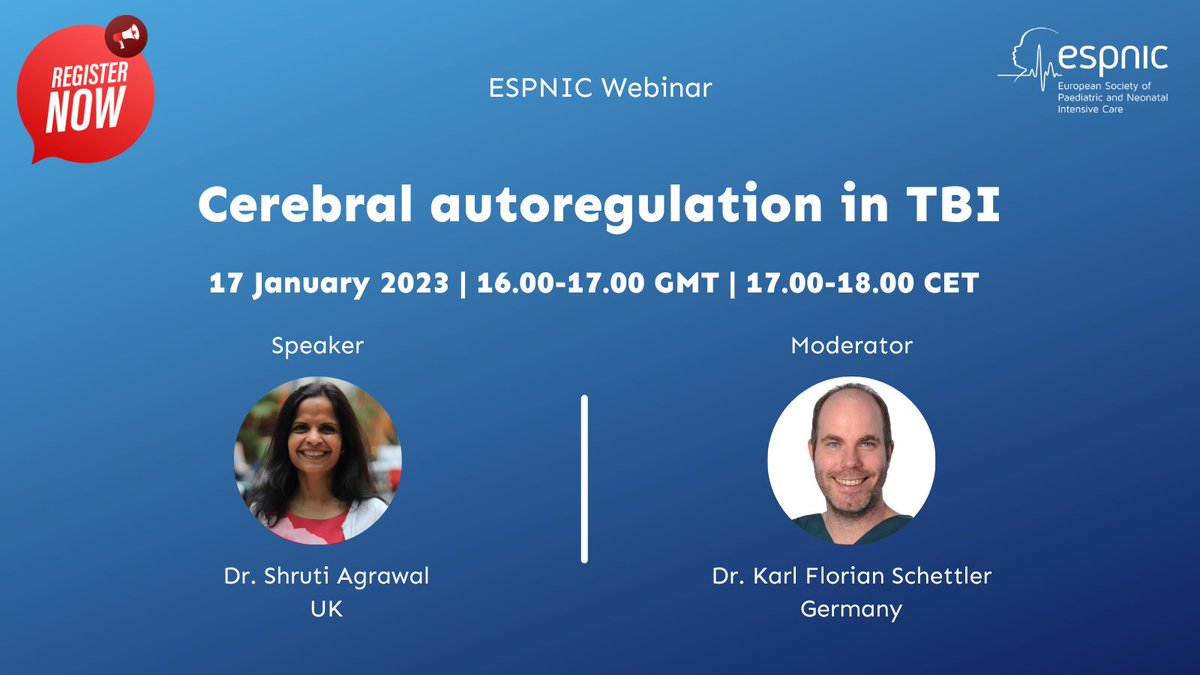 ESPNIC_Society's tweet photo. 📣New Webinar for 2023!!!!!!!!💥
15 days left for our new #ESPNIC webinar on Cerebral autoregulation in TBI with @shragrawal 🚀
🗓️17th January #PedsICU
Register here👇🏻And do not miss it!
https://t.co/A4BLWMoppP https://t.co/87JueEwgwm