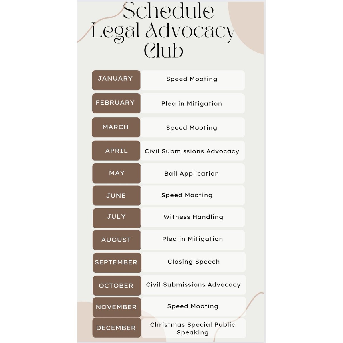 This year, Advocacy Club members will have the opportunity to try:
·       Speed mooting
·       Civil submissions
·       Bail application
·       Plea in mitigation
·       Witness handling
·       Closing Speech
·       Public speaking 

For more info: speedmooting.com/advocacy-club