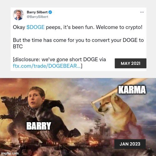 Barry Silbert, the guy who shorted #Dogecoin during SNL. Forbes recorded his net worth = $0 last month. Today, Gemini Co-Founder Cameron Winklevoss asked him to pay back more than $900 million he owes.Fate loves Irony. Karma hits back!
