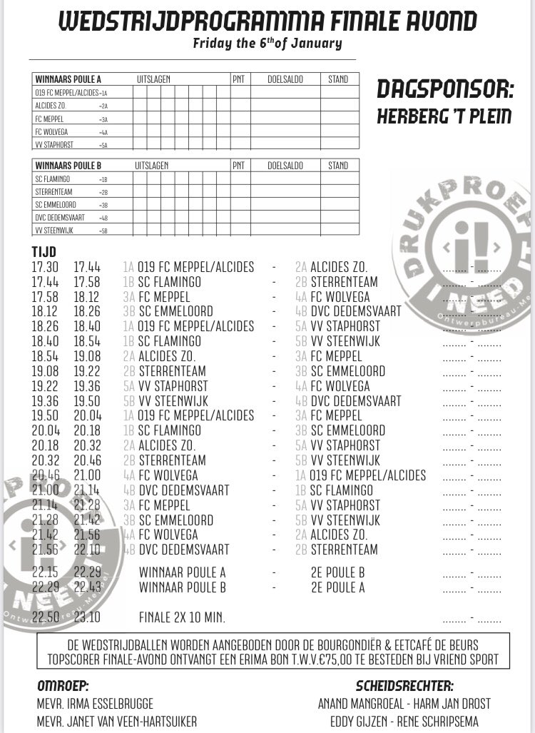 Het speelschema voor aankomende vrijdag in Meppel! 

#DVC #zaalvoetbal