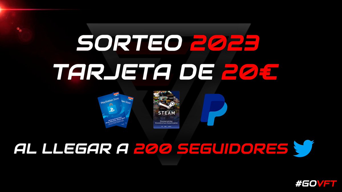 🚨!!!! EMPEZAMOS FUERTES PARA 2023 !!!!🚨

SORTEAZO DE UNA TARJETA DE REGALO ( 20 € ) DE LO QUE QUERÁIS PARA VOSOTROS ! 🔥

Para Participar:
• Sigue a @vft_Esports 
• Menciona a 2 amigos y usa #GOVFT
• Like y RT❤️

( Se sorteará al llegar a los 200 seguidores )